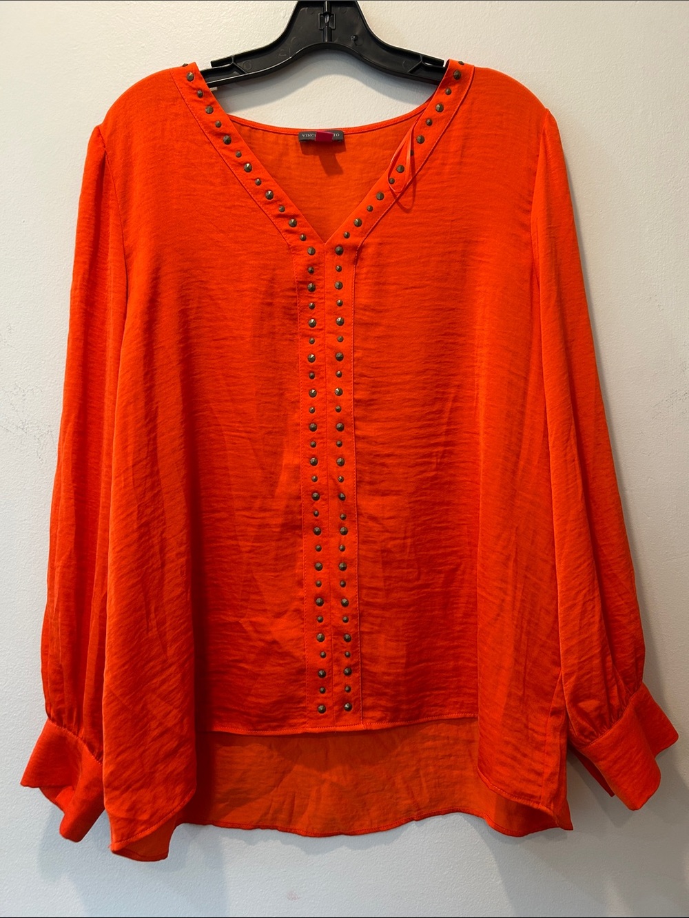 Vince Camuto Bright Orange Stud-Trim V-Neck Blouse